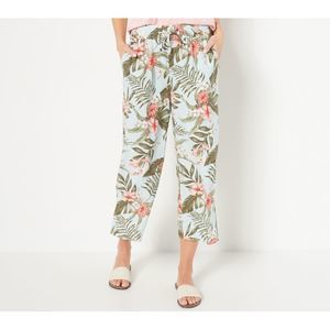 Denim & Co. Women's Pants Sz L Naturals Printed Linen Blend Crop Blue A503618